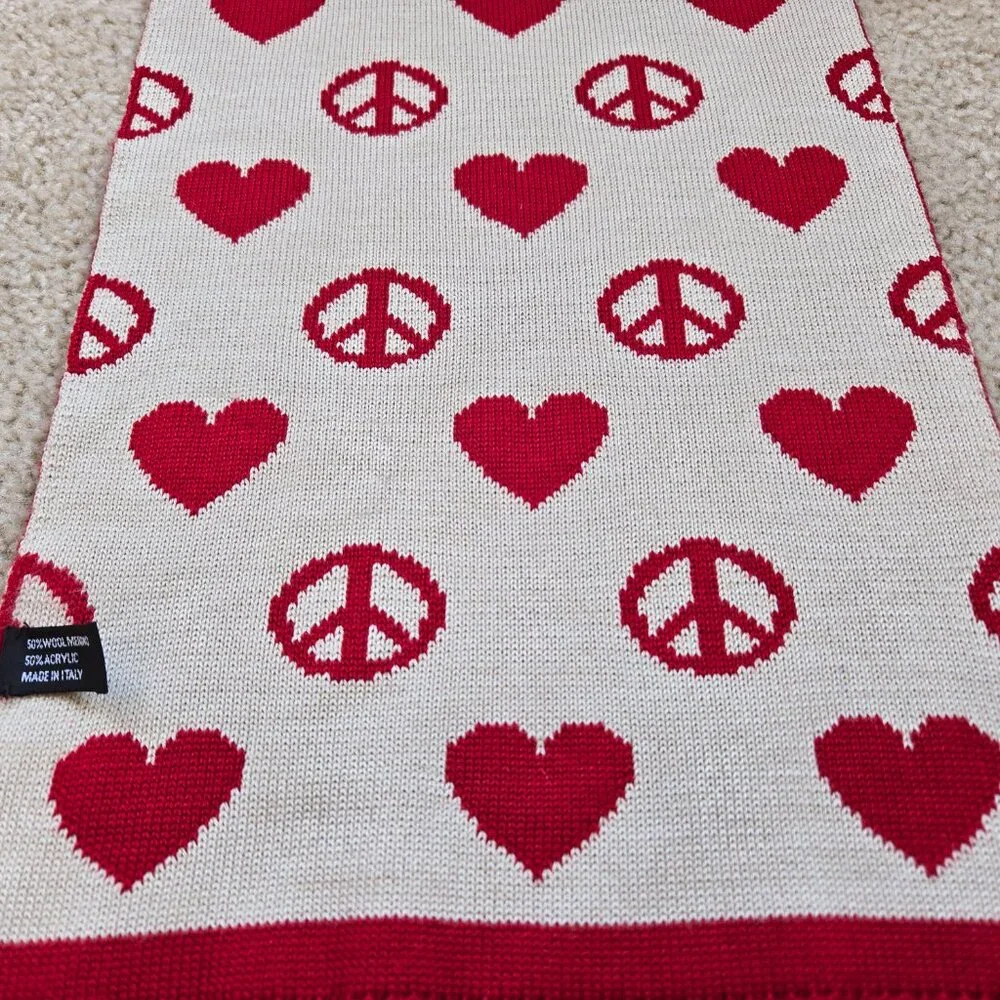 Moschino Peace & Love Hearts Scarf Merino Wool Blend Red White
